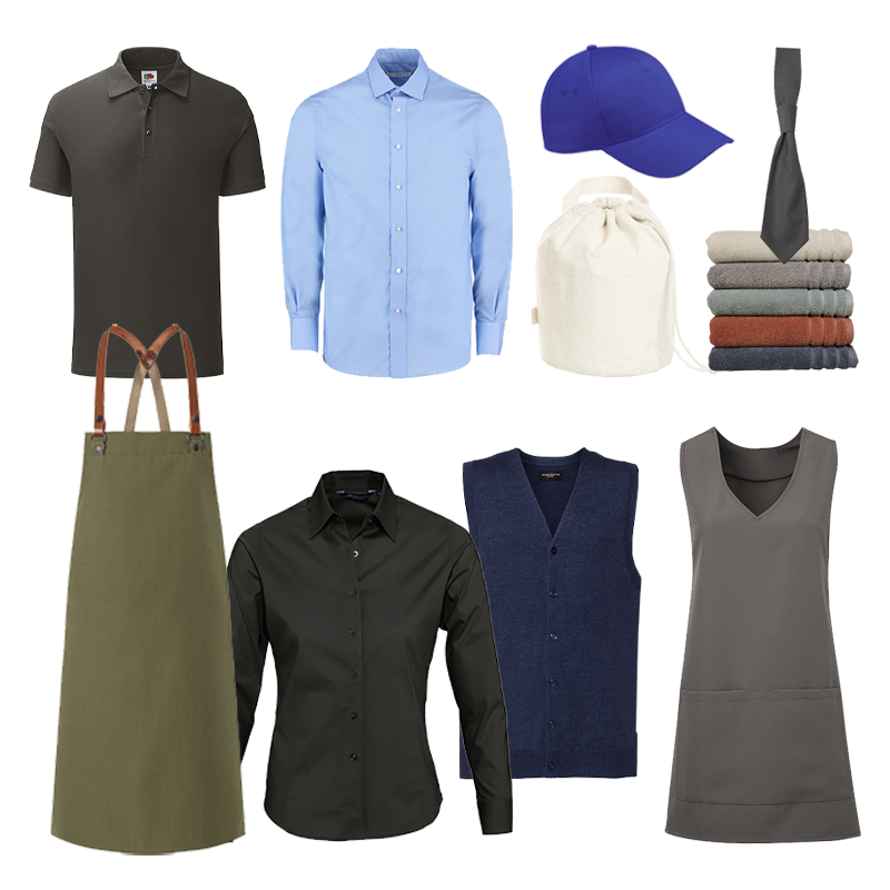 Polo, Hemd, Kappe, Handtücher, Schürze, Bluse, Serviceweste, Kasacks